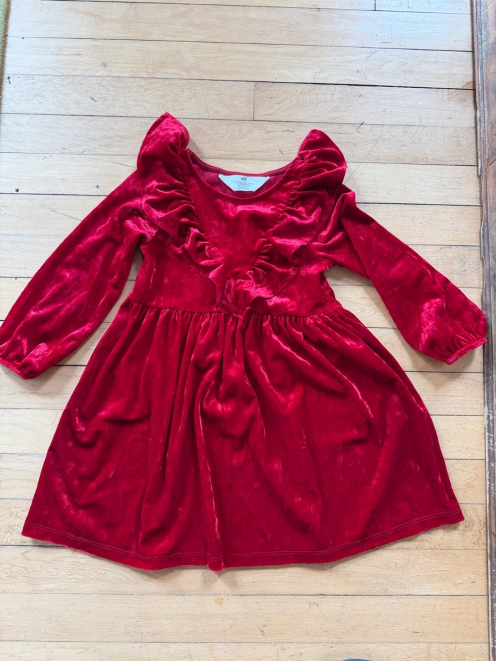 H&M Red Stretch Velour/Velvet Ruffle Dress